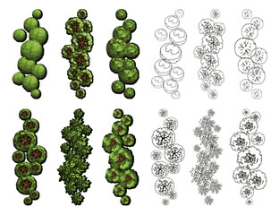 Tree for architectural floor plans. Entourage design. Various trees, bushes, and shrubs, top view for the landscape design plan. Vector illustration.