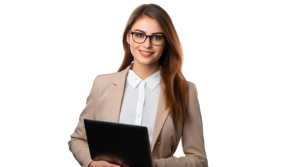 Portrait of young smiling woman holding laptop and looking at the camera. Transparent background or PNG file. Generated by AI