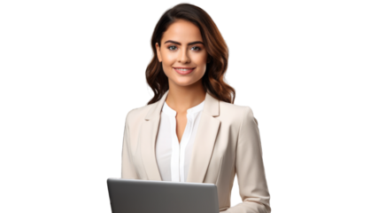 Portrait of young smiling woman holding laptop and looking at the camera. Transparent background or PNG file. Generated by AI