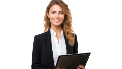 Portrait of young smiling woman holding laptop and looking at the camera. Transparent background or PNG file. Generated by AI