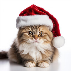 Funny cat in red New Year's hat on white background