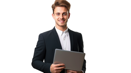 Portrait of young smiling man holding laptop and looking at the camera. Transparent background or PNG file. Generated by AI