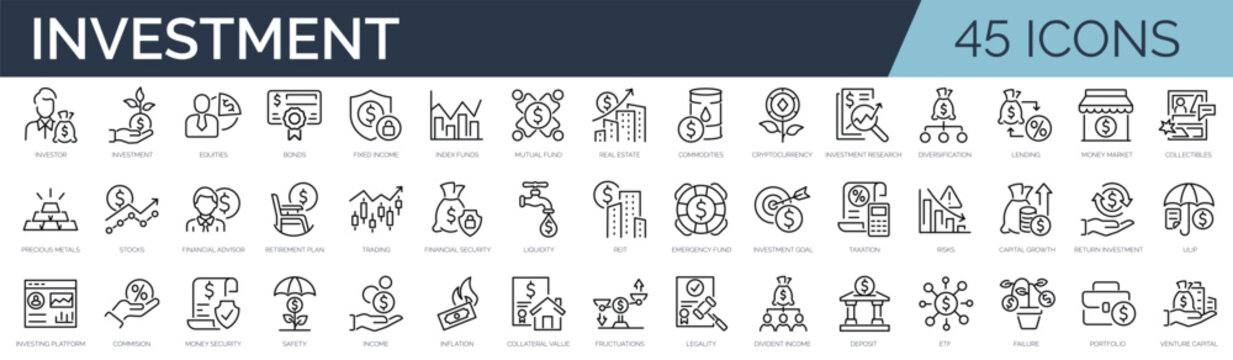 Set of 45 outline icons related to investment. Linear icon collection. Editable stroke. Vector illustration