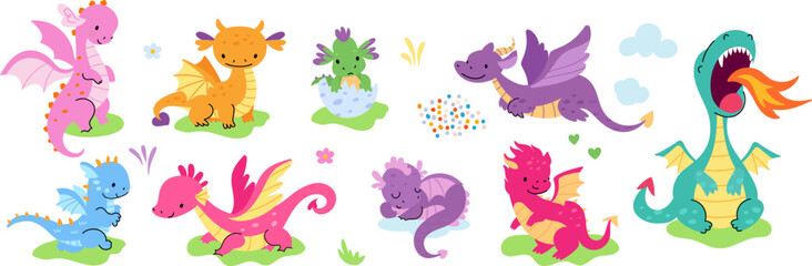 Lamas personalizadas con tu foto Funny dragons children characters. Dragon isolated, cute mythological fire breathing animals. Newborn dino and adult dinosaurs, nowaday vector set