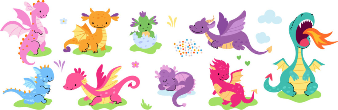 Funny dragons children characters. Dragon isolated, cute mythological fire breathing animals. Newborn dino and adult dinosaurs, nowaday vector set