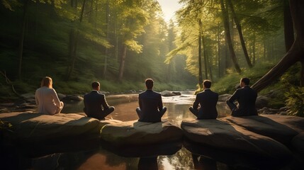 Diverse group of corporate business people practicing mindfulness and meditation in serene forest. Tranquility effect of nature, away from the the corporate world to find mental peace and strength.