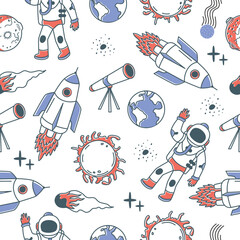 Doodle space seamless pattern. Decorative universe children fabric print template. Astronomy elements, doodle planets and rockets, neoteric vector background