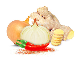 ginger, onion and cayenne pepper isolated on white background