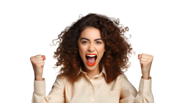 Successful business woman rejoicing, raising hands up and celebrating victory, winning something. Transparent background or PNG file. Generated by AI
