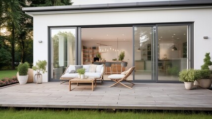 Elegance Indoors and Out: Interior of a White Aluminum and Glass Terrace with Access to a Lush Garden and Stylish Furniture - obrazy, fototapety, plakaty