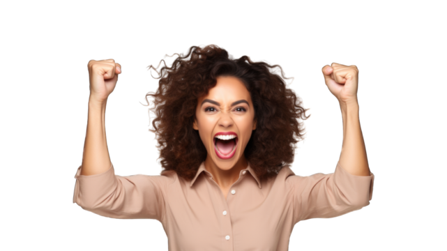 Successful business woman rejoicing, raising hands up and celebrating victory, winning something. Transparent background or PNG file. Generated by AI