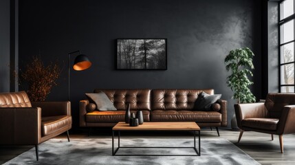 Modern Living Room with Leather Sofa, Black Walls, and