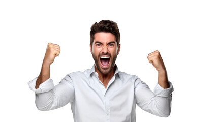 Successful business woman rejoicing, raising hands up and celebrating victory, winning something. Transparent background or PNG file. Generated by AI