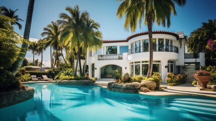 Fototapeta na wymiar Tropical Opulence in Miami: Luxury Mansion Villa with Garden and Pool for the Ultimate Florida Vacation Vibes