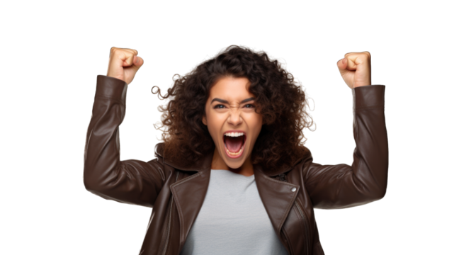 Successful business woman rejoicing, raising hands up and celebrating victory, winning something. Transparent background or PNG file. Generated by AI