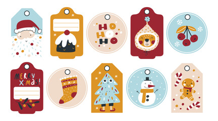 Christmas stickers collection for gift tags. Funny cute characters and decor in a simple hand-drawn modern childish style. Vector illustration in limited trend palette.