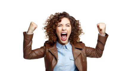 Successful business woman rejoicing, raising hands up and celebrating victory, winning something. Transparent background or PNG file. Generated by AI