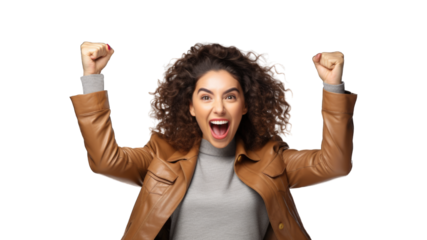 Successful business woman rejoicing, raising hands up and celebrating victory, winning something. Transparent background or PNG file. Generated by AI
