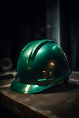 Green hard hat on construction site background with copy space. Industrial concept, work protection, construction safety industry concept