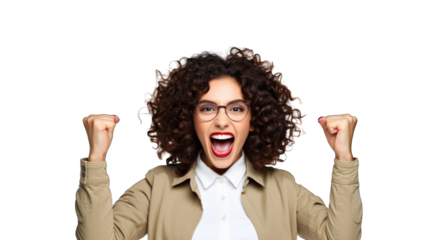 Successful business woman rejoicing, raising hands up and celebrating victory, winning something. Transparent background or PNG file. Generated by AI