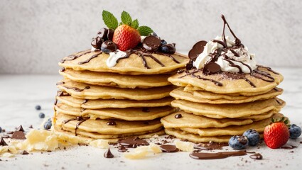 Fresh golden pancakes with cream and chocolate, fruit isolated on white background