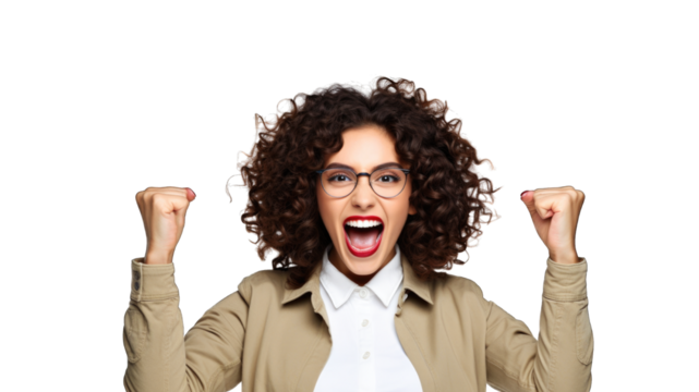 Successful business woman rejoicing, raising hands up and celebrating victory, winning something. Transparent background or PNG file. Generated by AI