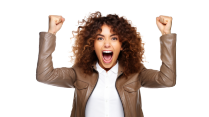 Successful business woman rejoicing, raising hands up and celebrating victory, winning something. Transparent background or PNG file. Generated by AI