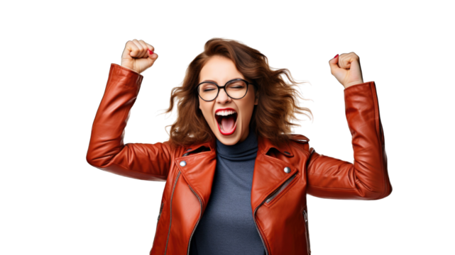 Successful business woman rejoicing, raising hands up and celebrating victory, winning something. Transparent background or PNG file. Generated by AI