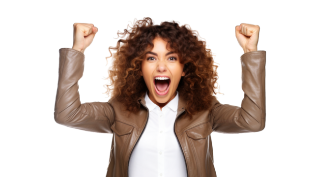 Successful business woman rejoicing, raising hands up and celebrating victory, winning something. Transparent background or PNG file. Generated by AI