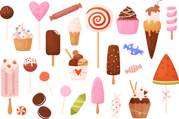 Sweet lollipops and ice cream. Caramel and candies, chocolate creamy dessert. Waffle cones, popsicles and lollipop. Isolated snugly vector food icons