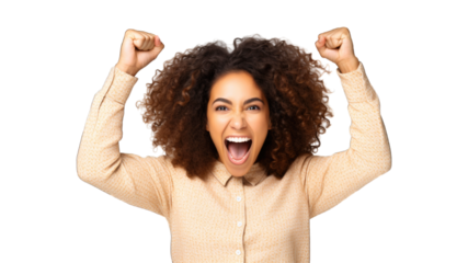 Successful business woman rejoicing, raising hands up and celebrating victory, winning something. Transparent background or PNG file. Generated by AI