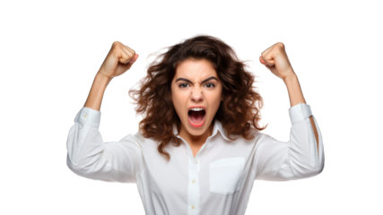Successful business woman rejoicing, raising hands up and celebrating victory, winning something. Transparent background or PNG file. Generated by AI
