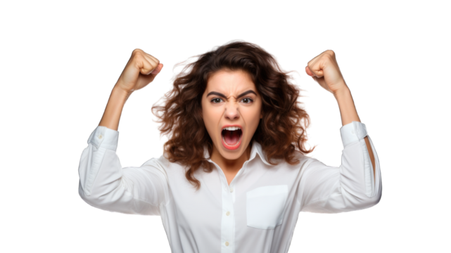 Successful business woman rejoicing, raising hands up and celebrating victory, winning something. Transparent background or PNG file. Generated by AI
