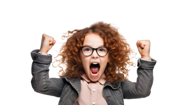 Successful young a girl rejoicing, raising hands up and celebrating victory, winning something. Transparent background or PNG file. Generated by AI