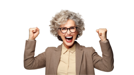 Successful business woman rejoicing, raising hands up and celebrating victory, winning something. Transparent background or PNG file. Generated by AI