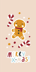 Christmas vertical postcard banner with gingerbread man. Merry Christmas lettering. Funny cute character in simple hand drawn modern kid style. Vector illustration in limited trend palette.