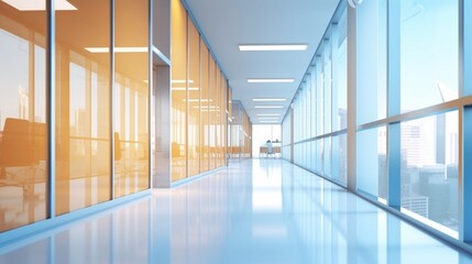 Sophisticated Office Aesthetics: A Beautiful, Spacious Office Corridor with Defocused Room Background – Ideal for Business Presentations