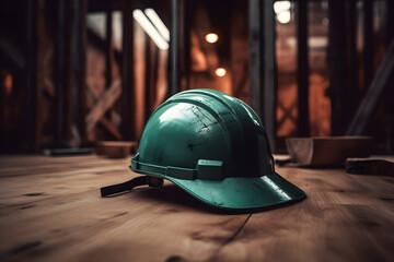 Green hard hat on construction site background with copy space. Industrial concept, work protection, construction safety industry concept - obrazy, fototapety, plakaty