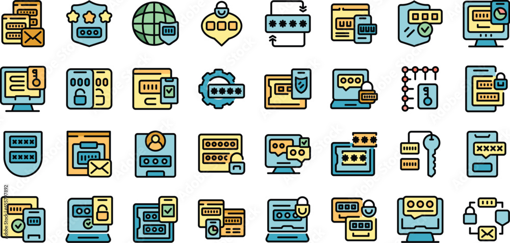 Poster multi factor authentication icons set outline vector. laptop security. web computer thin line color 