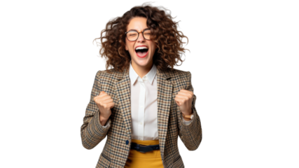Successful business woman rejoicing, raising hands up and celebrating victory, winning something. Transparent background or PNG file. Generated by AI