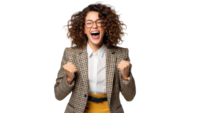 Successful business woman rejoicing, raising hands up and celebrating victory, winning something. Transparent background or PNG file. Generated by AI - Powered by Adobe