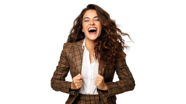 Successful business woman rejoicing, raising hands up and celebrating victory, winning something. Transparent background or PNG file. Generated by AI