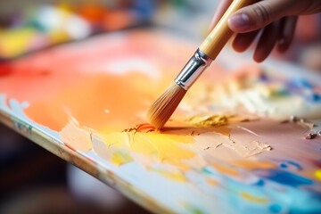 Fototapeta premium Close up photo of painting brush and color palette with mixed paint. Generative AI