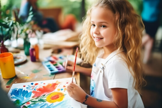 Preschool girl painting in art class. Generative AI