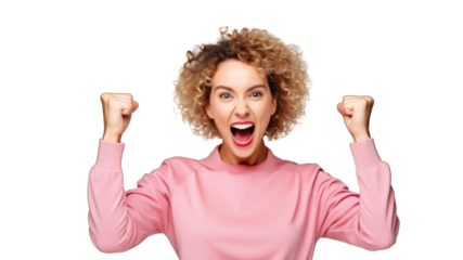 Successful business woman rejoicing, raising hands up and celebrating victory, winning something. Transparent background or PNG file. Generated by AI