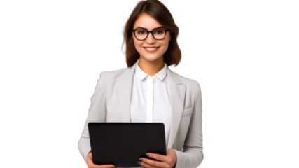 Portrait of young smiling woman holding laptop and looking at the camera. Transparent background or PNG file. Generated by AI