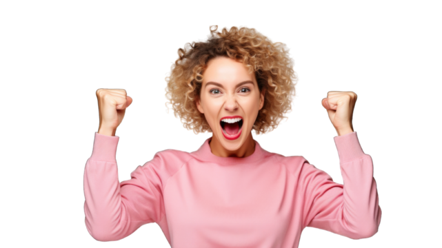Successful business woman rejoicing, raising hands up and celebrating victory, winning something. Transparent background or PNG file. Generated by AI