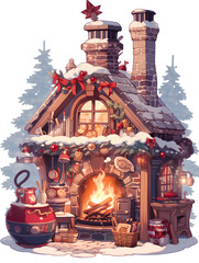 Rustic wooden house with chimney and fireplace,decorated Christmas themed house with flowers and lights.Generative Ai