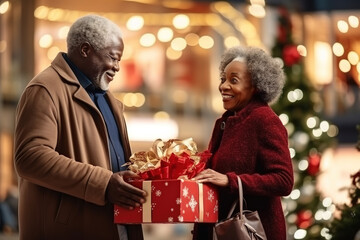 happy senior african American couple at christmas shopping mall market souvenir shop shopping presents, winter holidays and people concept .
