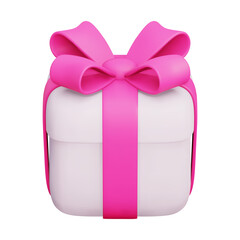 Vector 3d Render Gift Box. Closed Present Box With Pink Ribbon and Bow. For Surprise, Birthday Party, Baby Shower. Vector Illustration In Plasticine Cartoon Style. Isolated on white